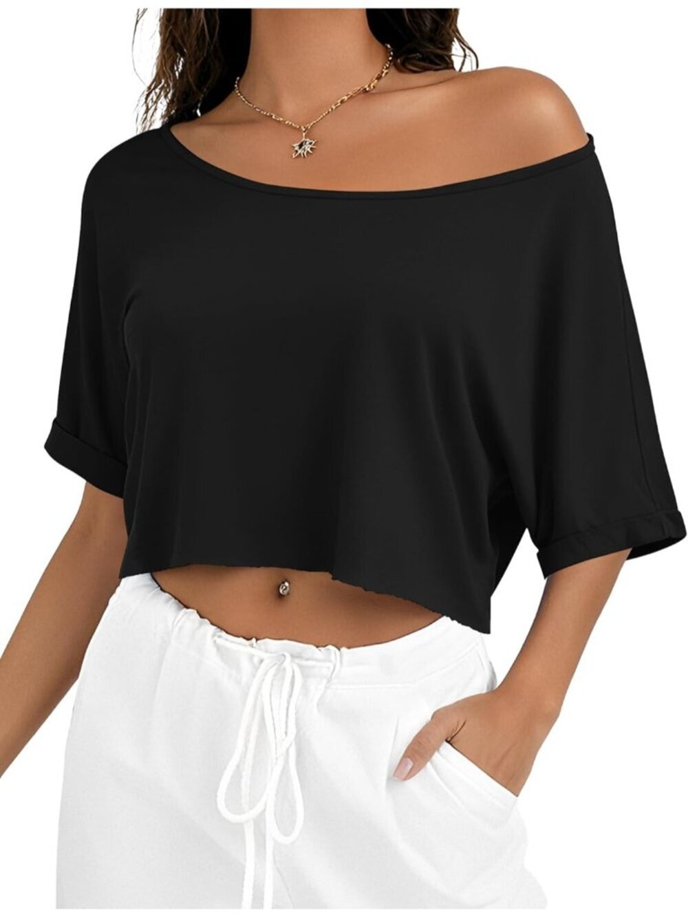 Women's Black Short Sleeve Off The Shoulder Boat Neck Loose Pull On Crop Top